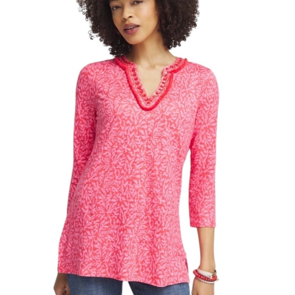 Chico’s Reef Embellished V Neck Tunic in Watermelon Punch Size 3 XL